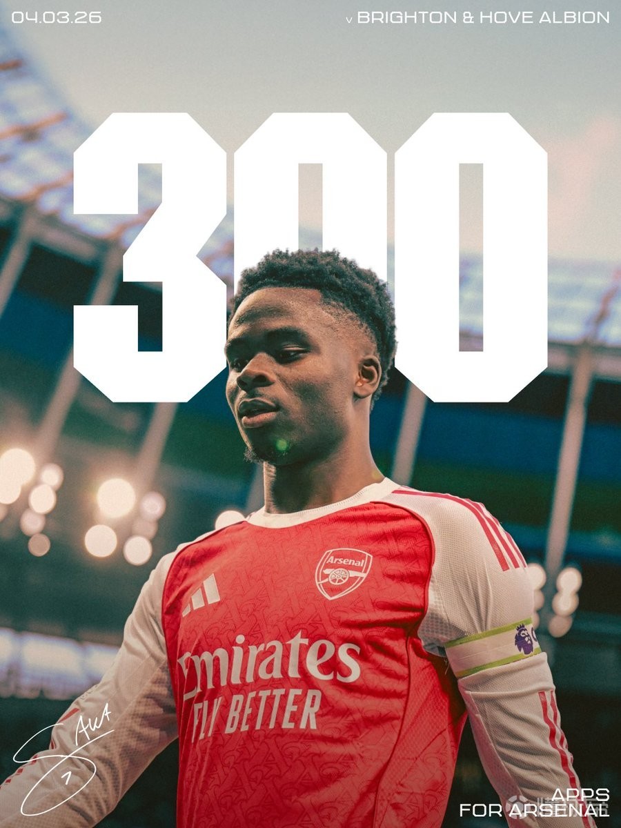 作为队长首发出战，萨卡迎来阿森纳一队生涯第300场里程碑