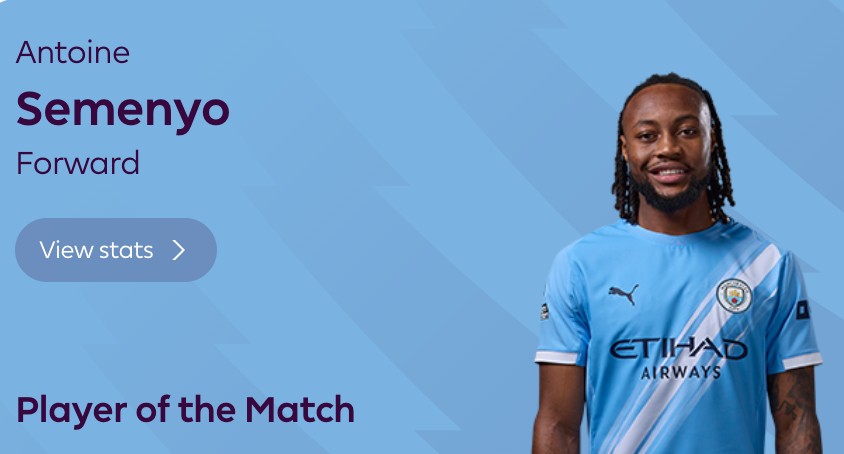 打进冬窗加盟后第7球，塞门约当选曼城2-2森林全场最佳