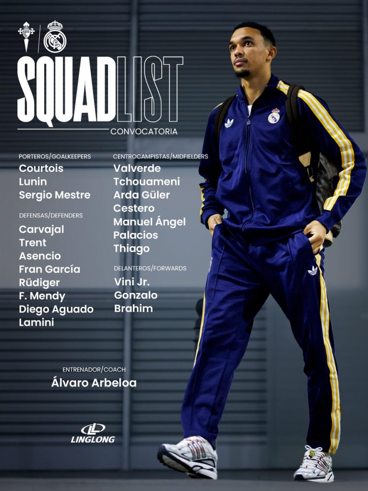 皇马对阵塞尔塔大名单：姆巴佩、贝林伤缺 赫伊森停赛