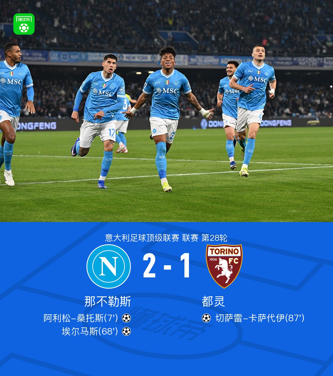 那不勒斯2-1都灵，桑切斯破门，埃尔马斯建功