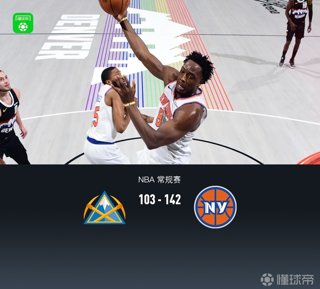 尼克斯142-103狂胜掘金，阿奴诺比34分，约基奇38+8，穆雷伤退