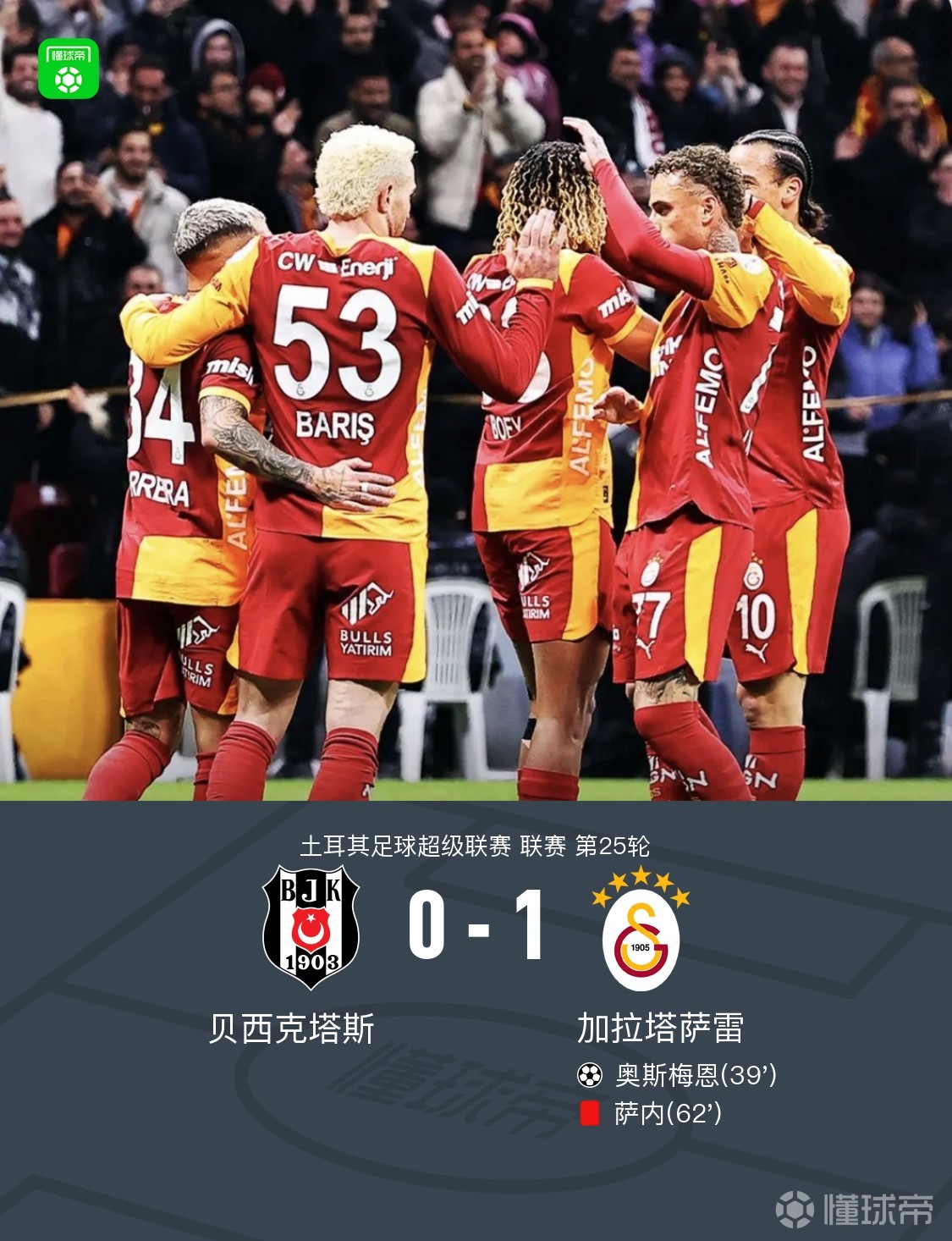 贝西克塔斯0-1加拉塔萨雷，奥斯梅恩破门，萨内染红