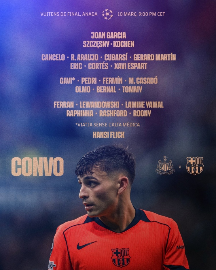 巴萨欧冠客战纽卡大名单：亚马尔、莱万、佩德里领衔