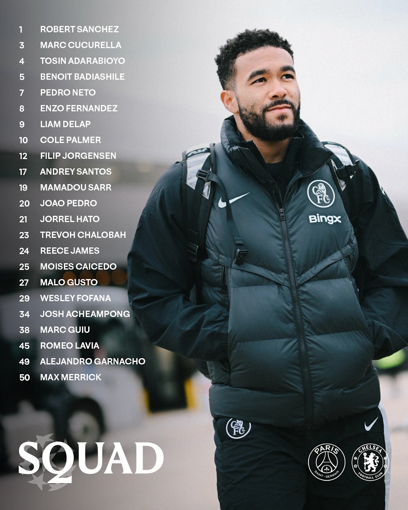 切尔西欧冠战巴黎大名单：帕尔默领衔，埃斯特旺、吉滕斯缺阵