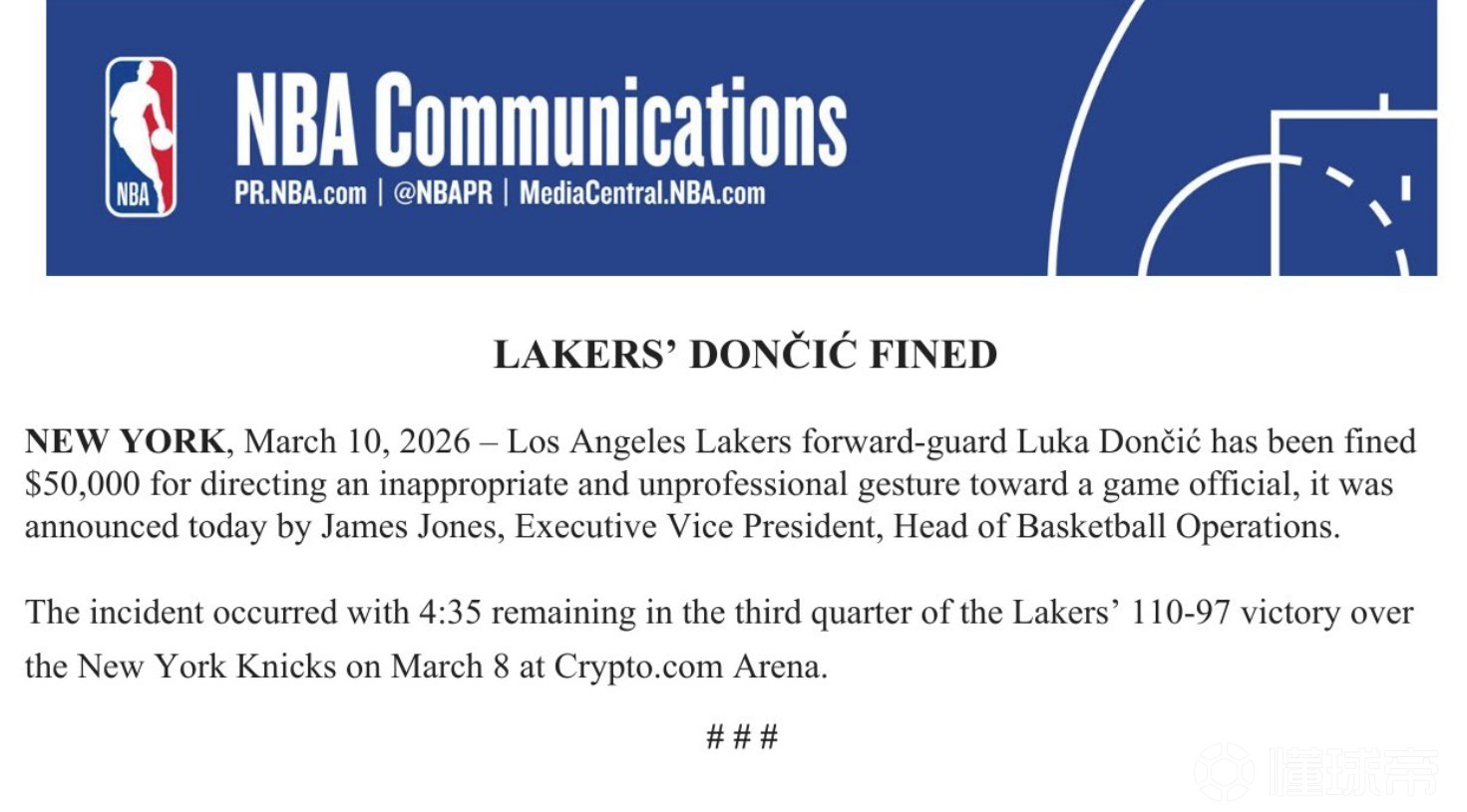 官方：东契奇因在对尼克斯时对裁判做数钱手势被罚款5万美元