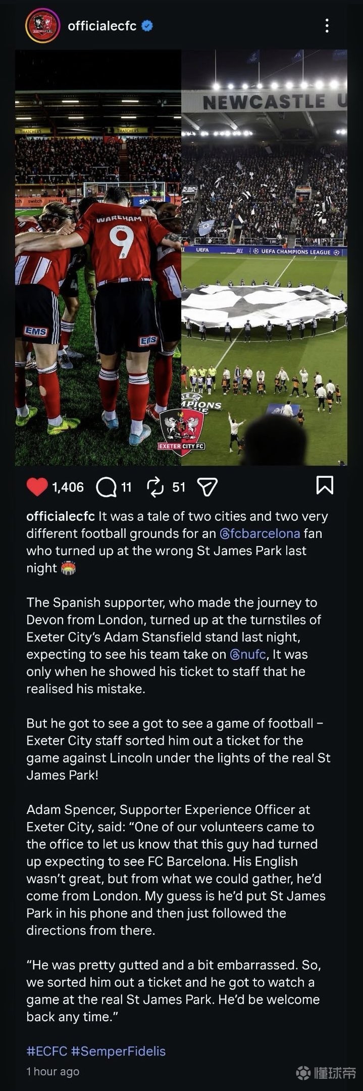 这不是圣詹姆斯公园吗？巴萨球迷去看欧冠打纽卡，误入埃克塞特同名主场