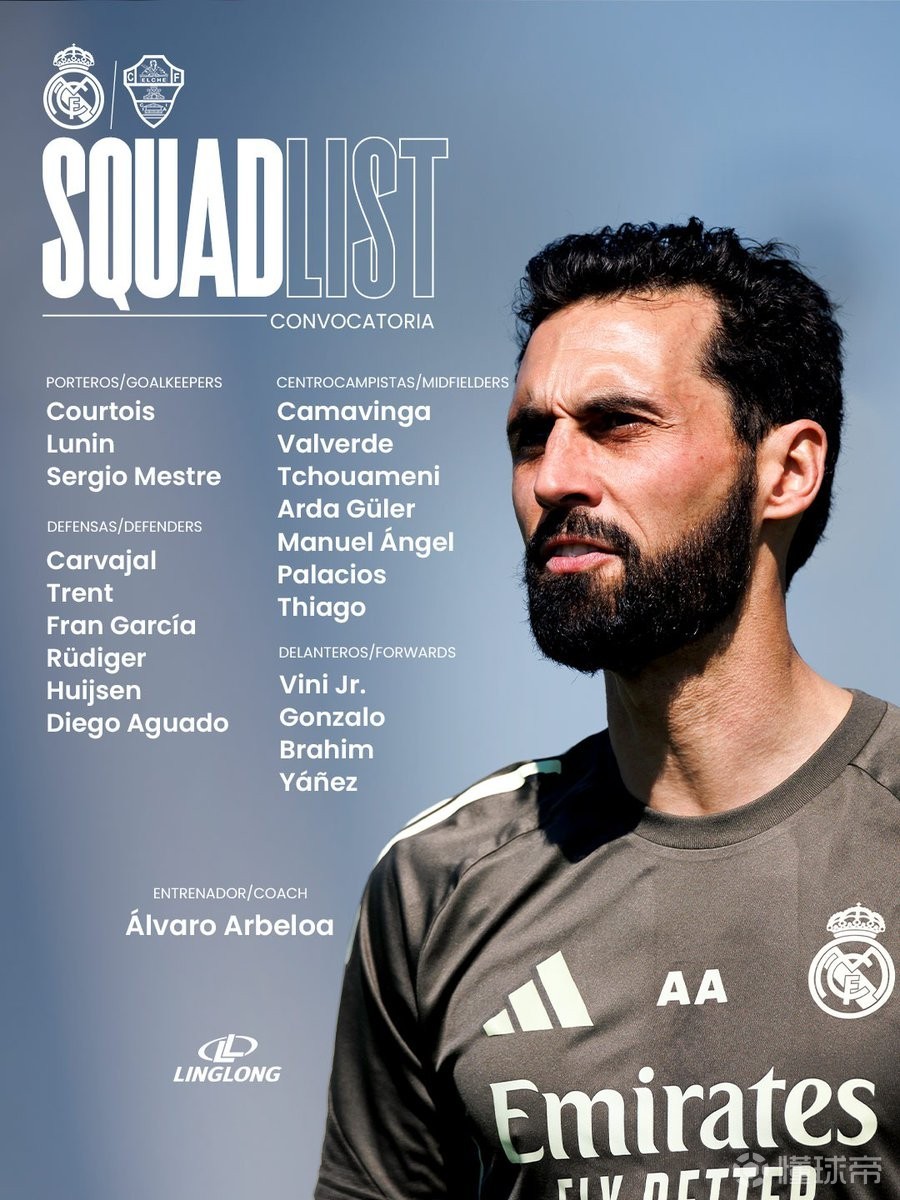 皇马战埃尔切大名单：姆巴佩、劳尔-阿森西奥等人缺阵