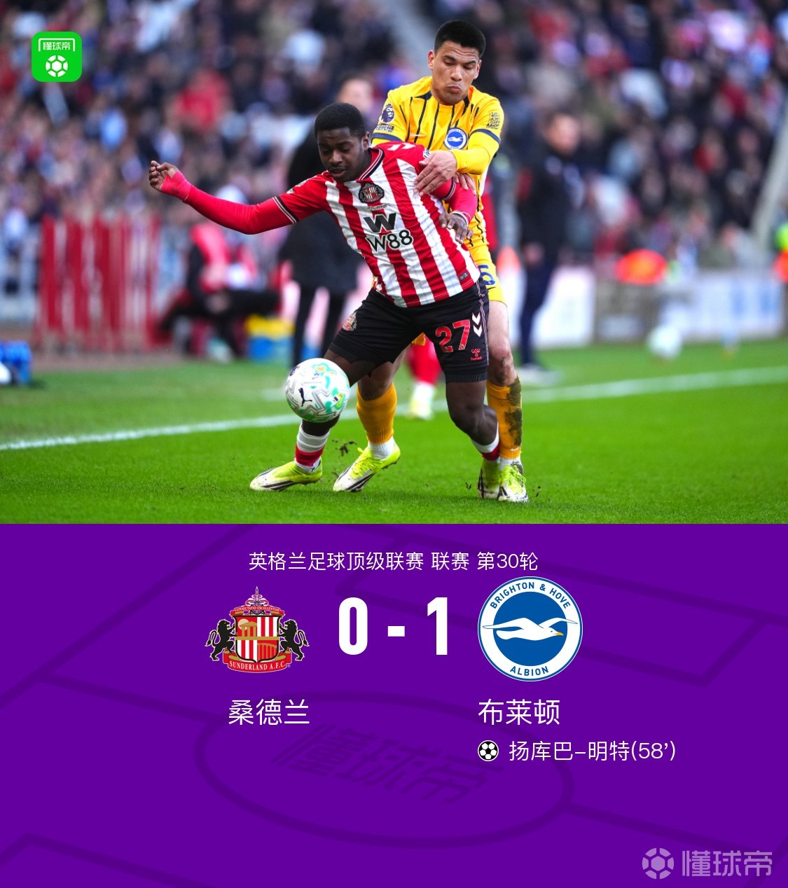 桑德兰0-1布莱顿，明特打入制胜球