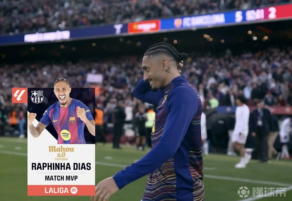 帽子戏法，拉菲尼亚当选巴萨vs塞维利亚全场最佳球员