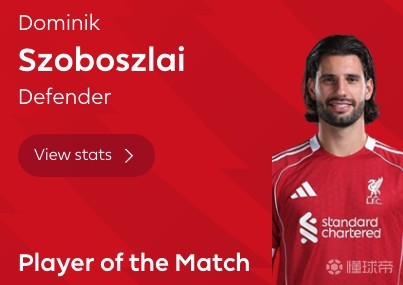 任意球破门，索博斯洛伊当选利物浦vs热刺全场最佳球员