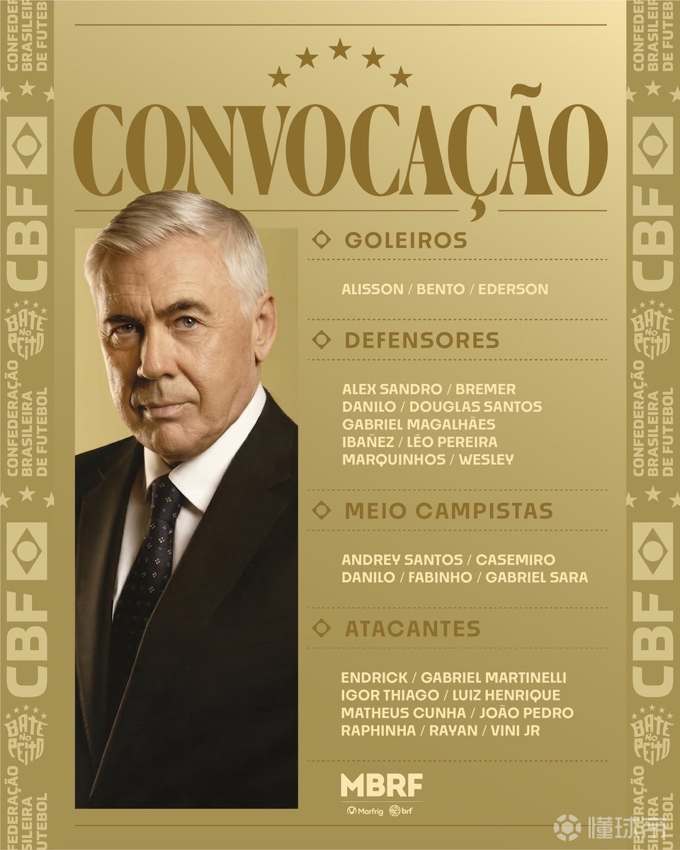 巴西队大名单：维尼修斯领衔，内马尔无缘，恩德里克回归