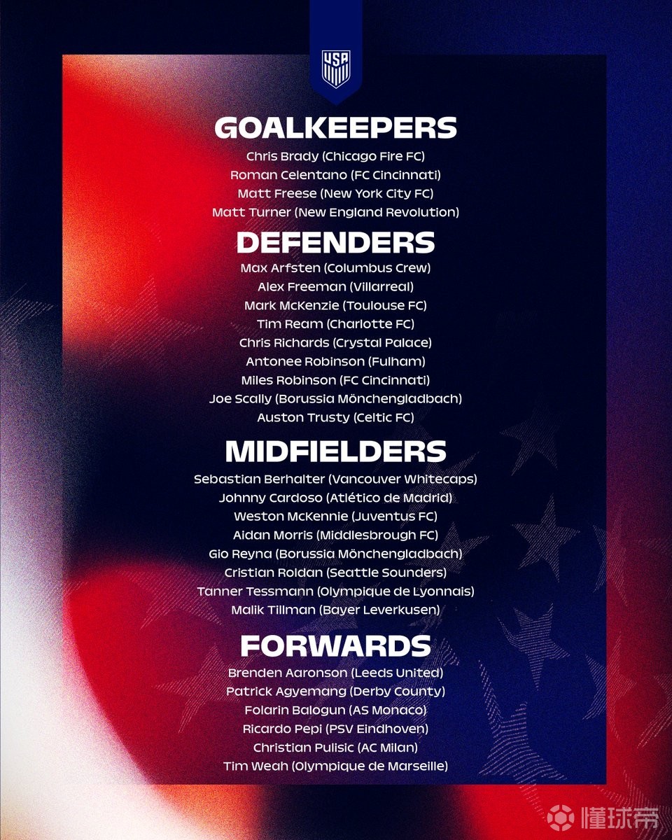 美国队新一期大名单：普利希奇领衔，麦肯尼、小维阿在列