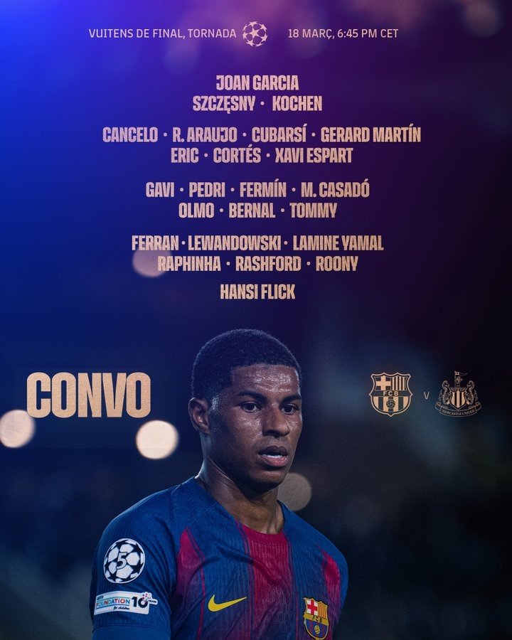 巴萨vs纽卡次回合名单：莱万、亚马尔、拉什福德在列