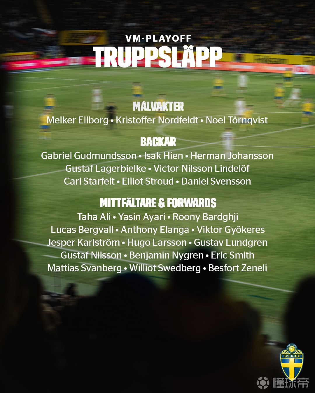 瑞典队大名单：哲凯赖什领衔，巴尔德吉、贝里瓦尔、埃兰加在列