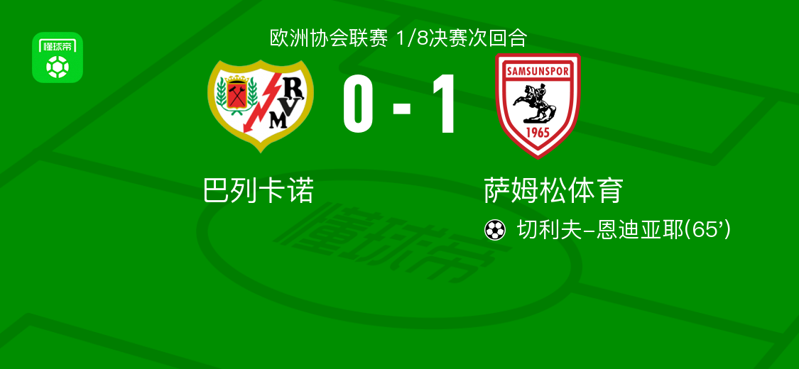 萨姆松体育1-0巴列卡诺，切利夫-恩迪亚耶一击制胜