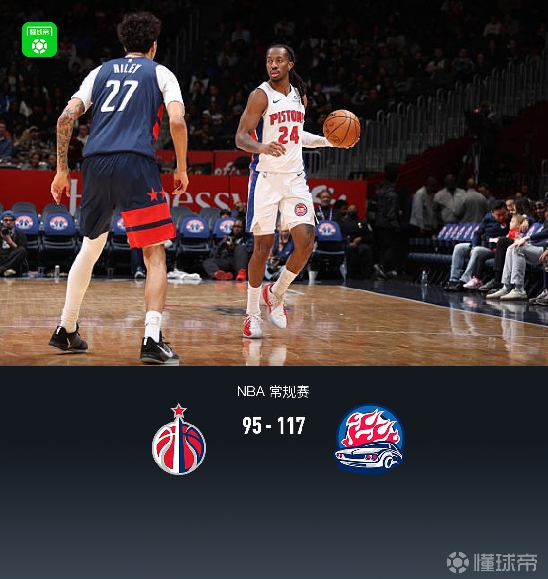 活塞6人得分上双117-95大胜奇才，杰伦-杜伦24+11，邓罗14分