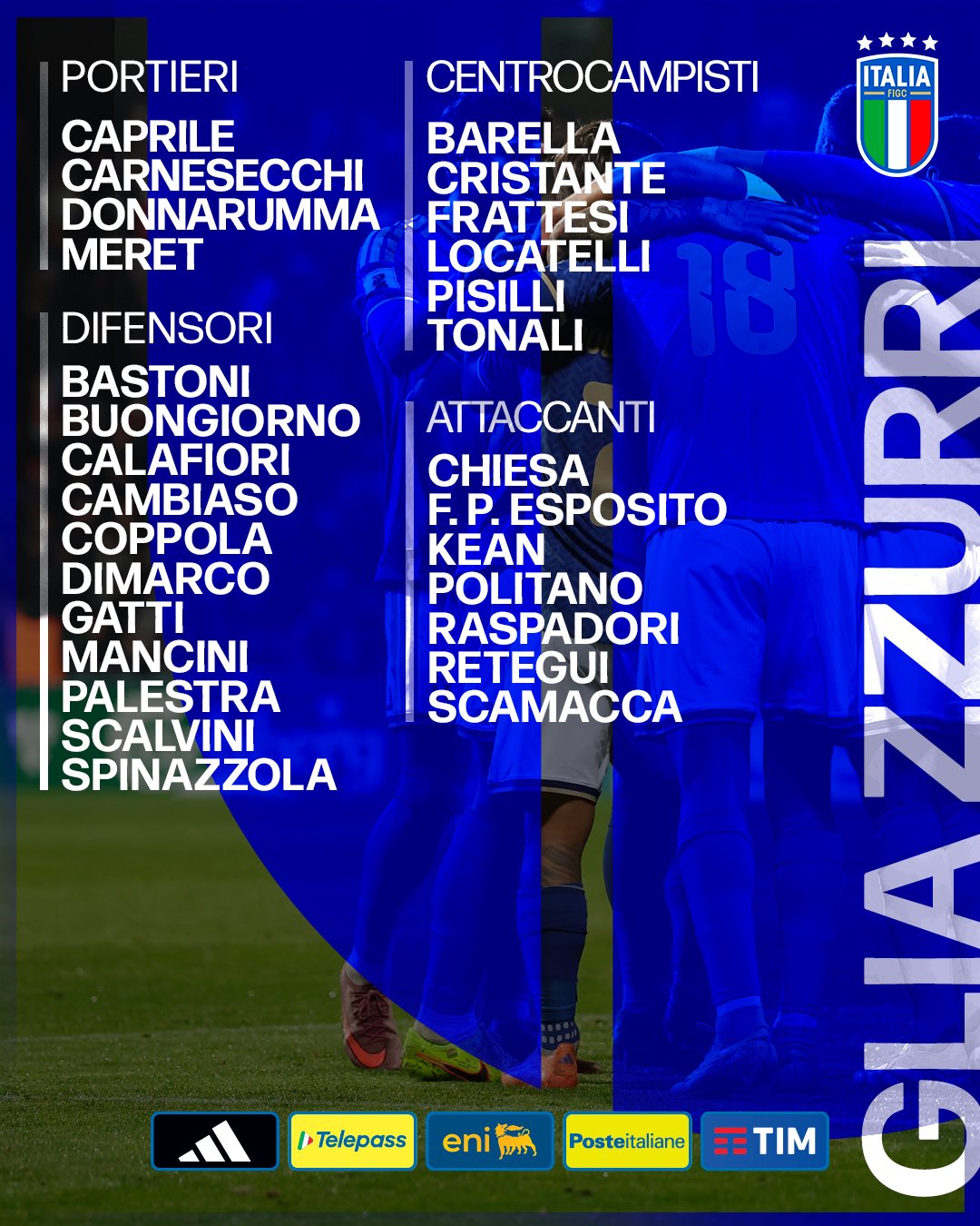 意大利世界杯附加赛名单：托纳利、巴雷拉、多纳鲁马在列