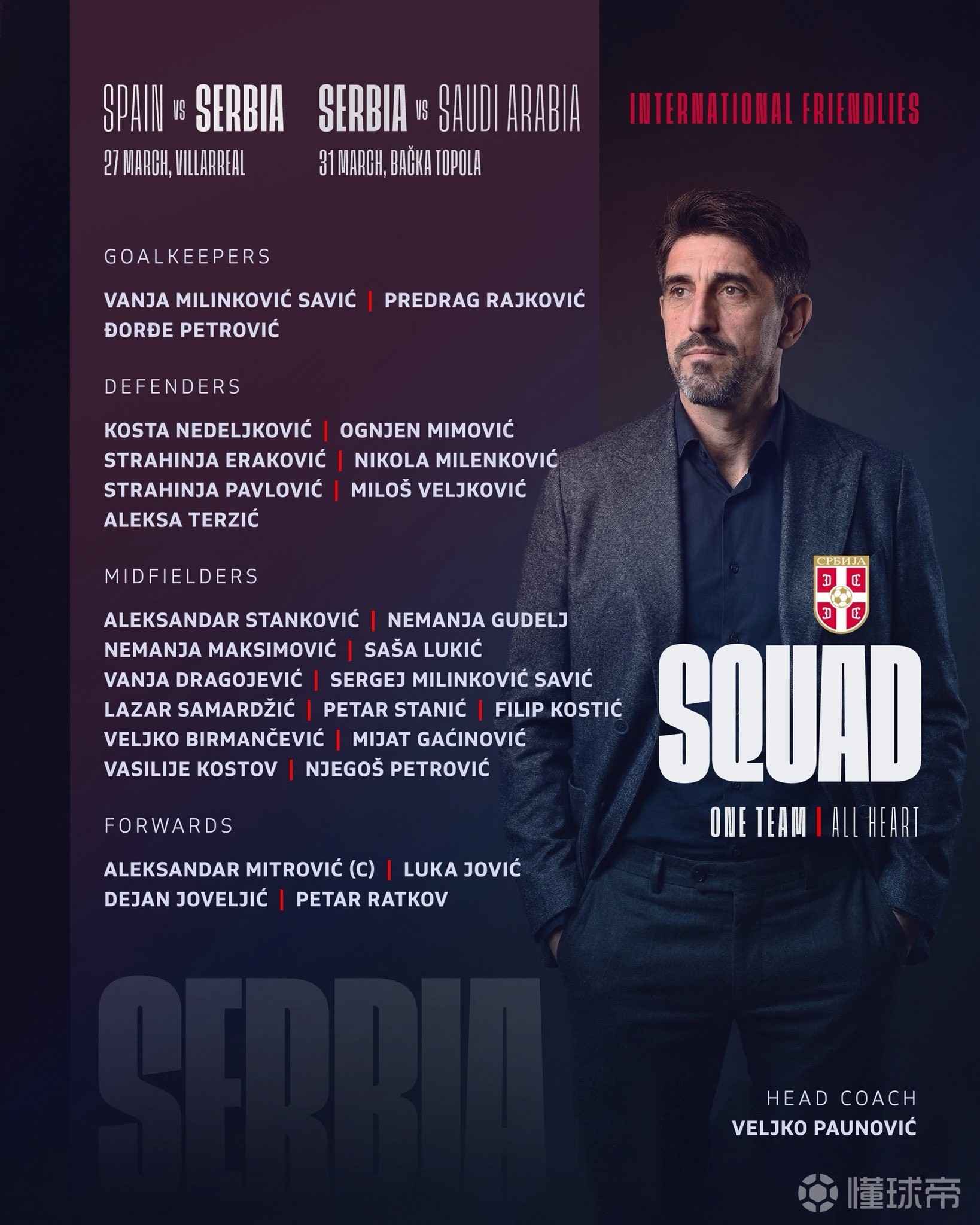塞尔维亚大名单：米特罗维奇领衔，约维奇、古德利在列