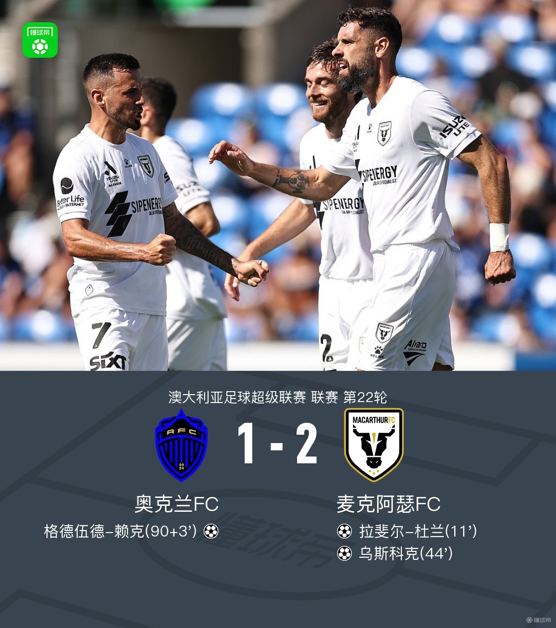麦克阿瑟2-1奥克兰，杜兰破门，乌斯科克建功