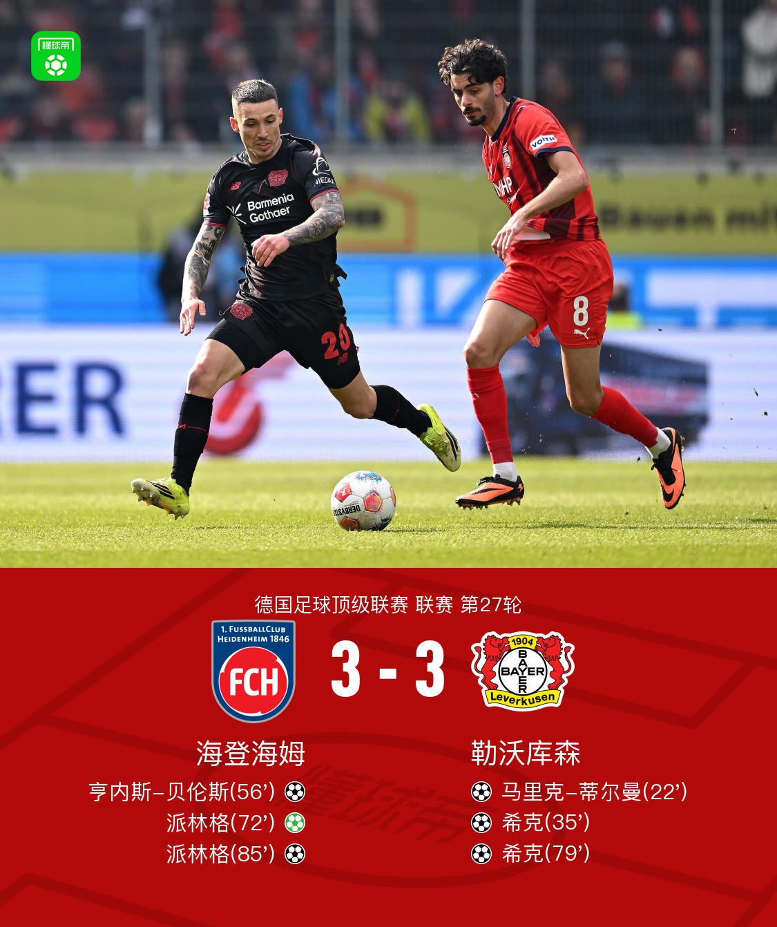 海登海姆3-3药厂，希克、派林格双响