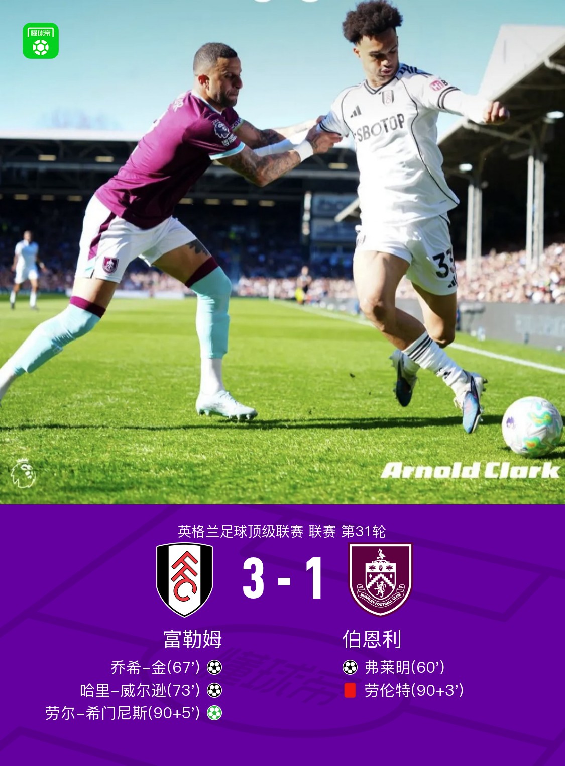 富勒姆3-1伯恩利，希门尼斯点射，劳伦特染红