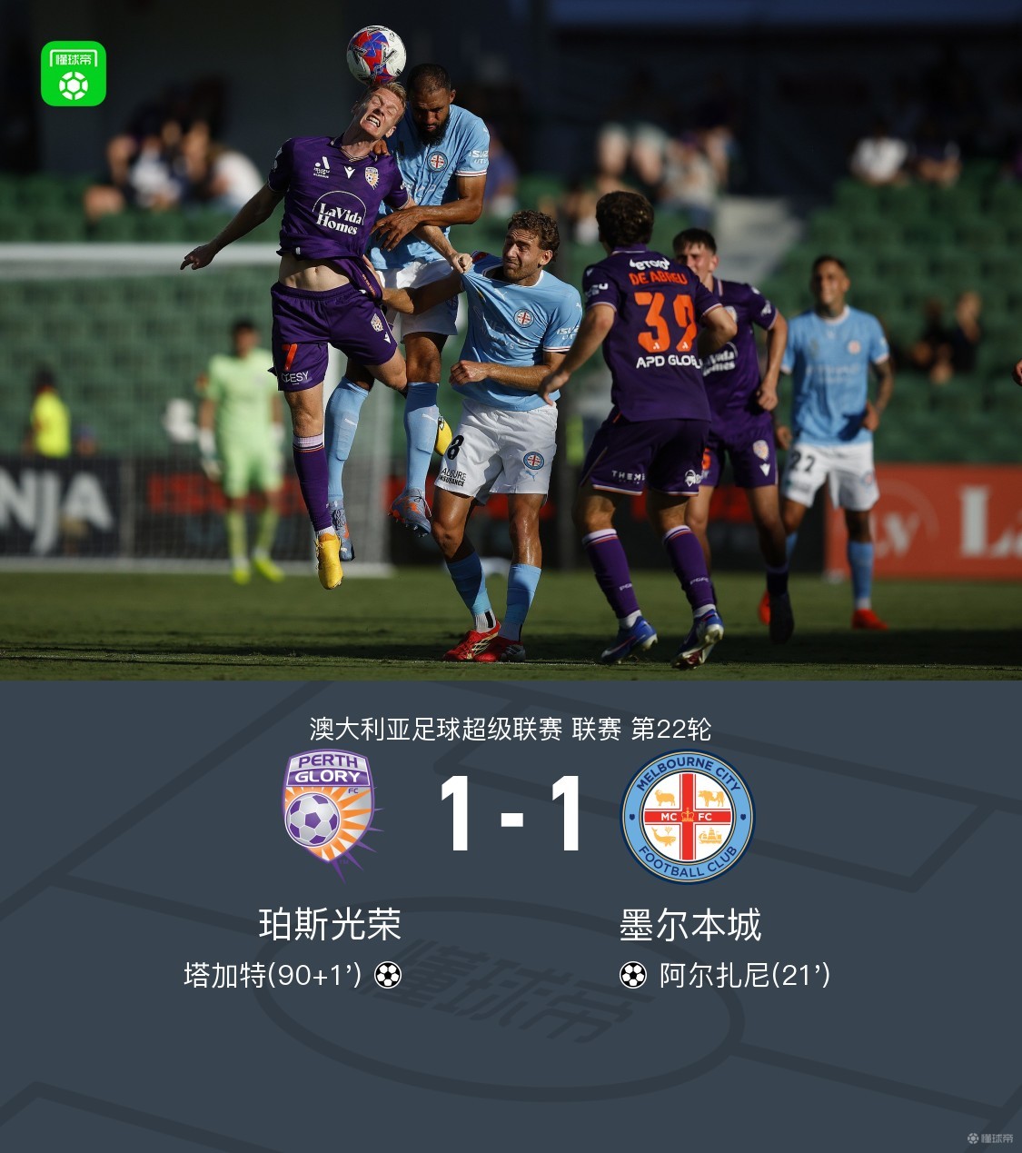 珀斯光荣1-1墨尔本城，阿尔扎尼破门，塔加特绝平