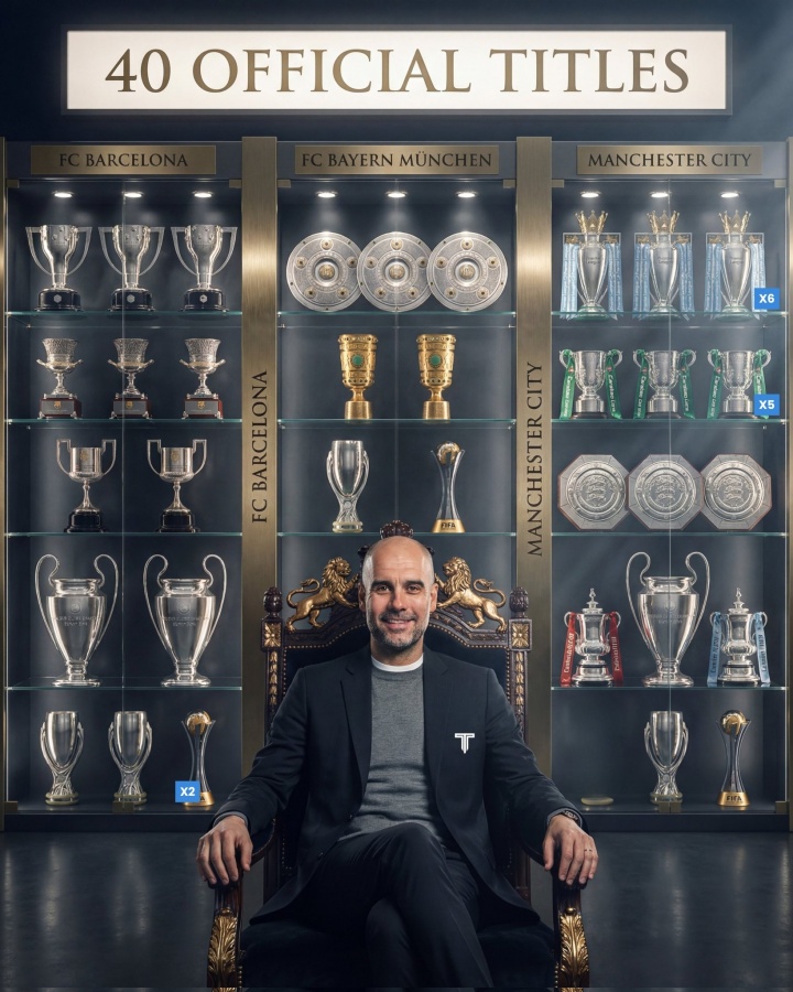 瓜帅获执教40冠：英超×6 西甲×3 世俱杯×4 欧冠×3