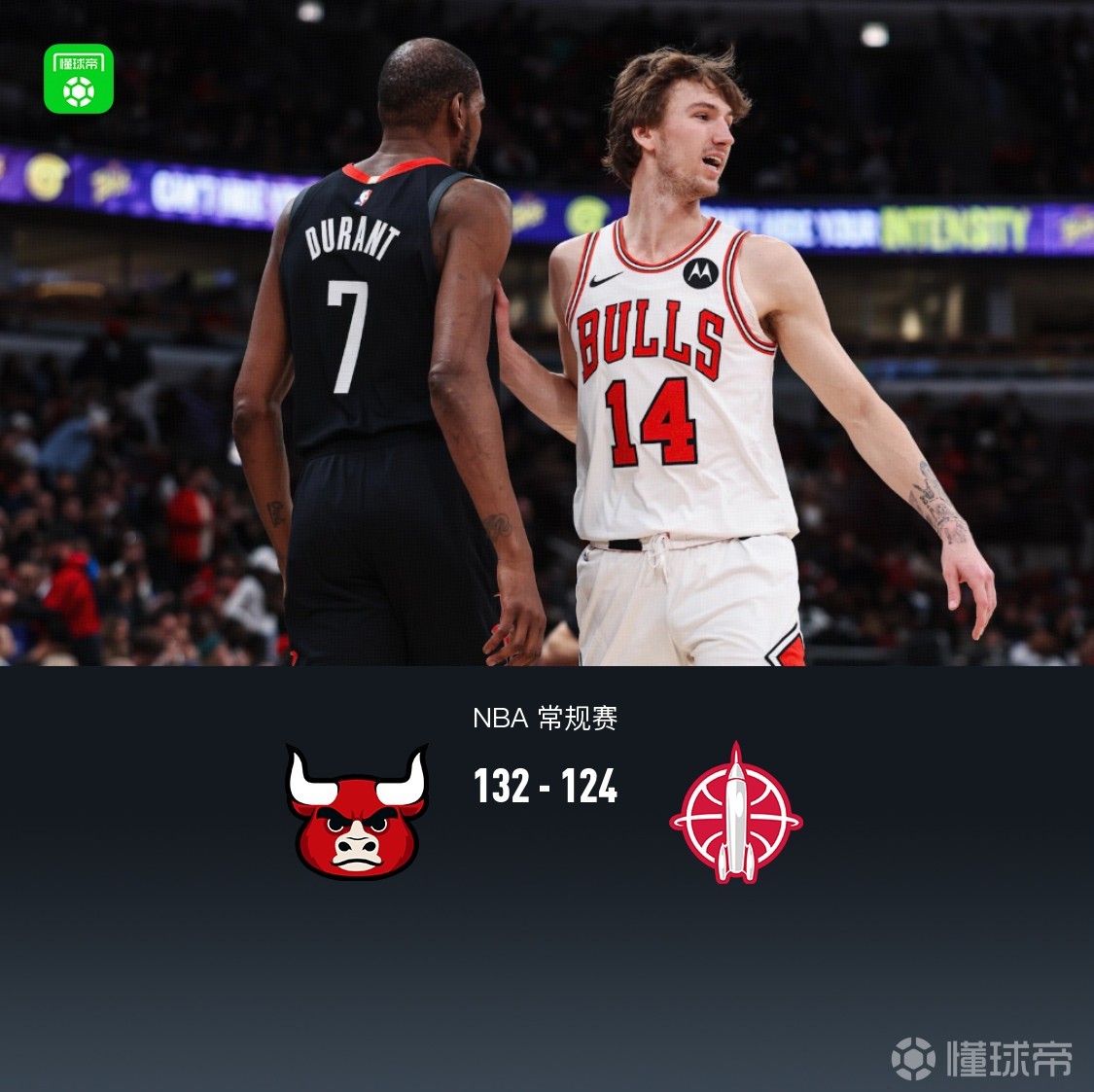 公牛132-124火箭，杜兰特空砍40分，申京33分大三双