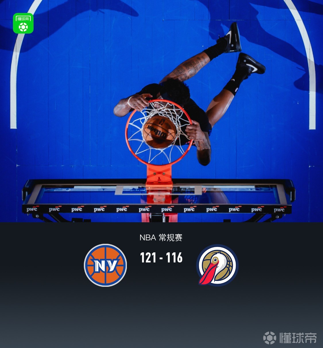 尼克斯121-116鹈鹕豪取7连胜，布伦森32+7，唐斯21+14