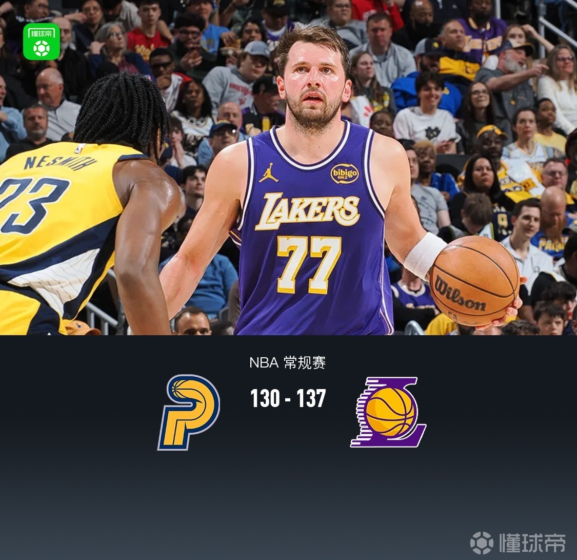 湖人4人20+以137-130力克步行者，东契奇43+6+7，詹姆斯23+9+9