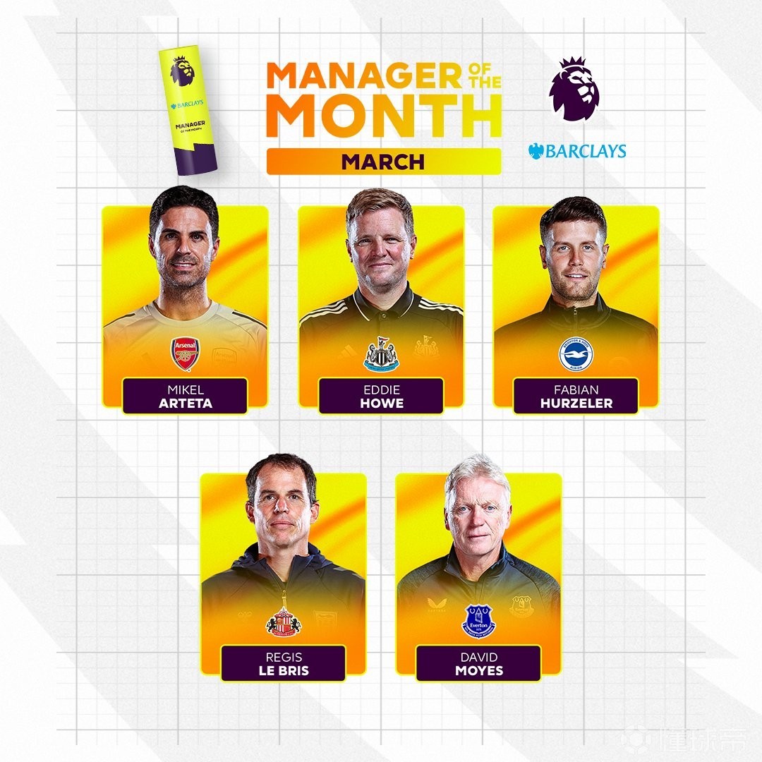 英超3月最佳主帅候选：阿尔特塔领衔，埃迪-豪、莫耶斯在列