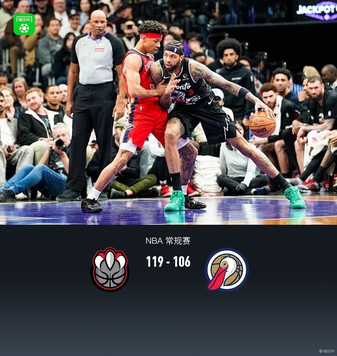 猛龙119-106鹈鹕，巴恩斯23+7+12，巴雷特18分