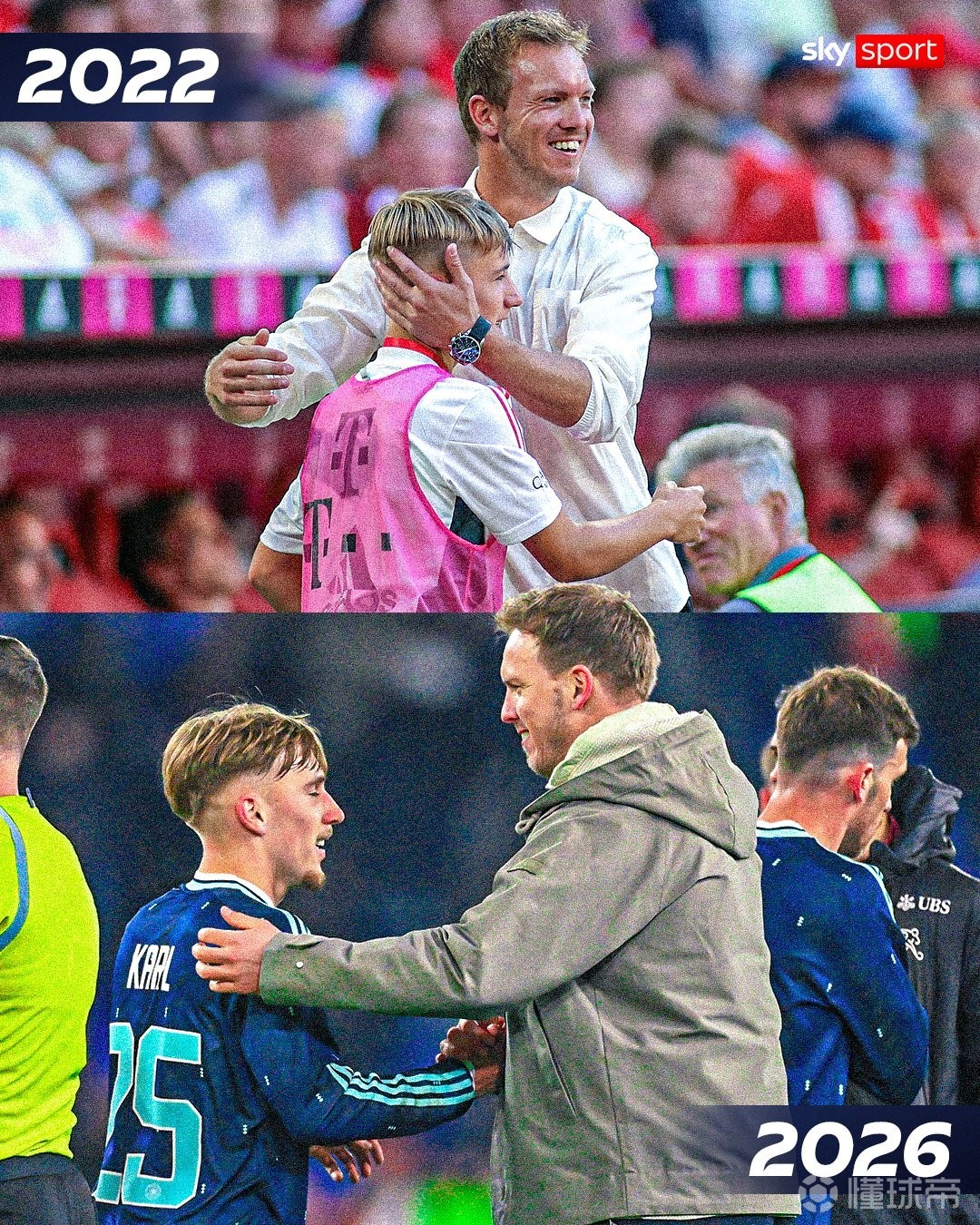 缘分续写，卡尔四年前曾作为拜仁球童与纳格尔斯曼拥抱