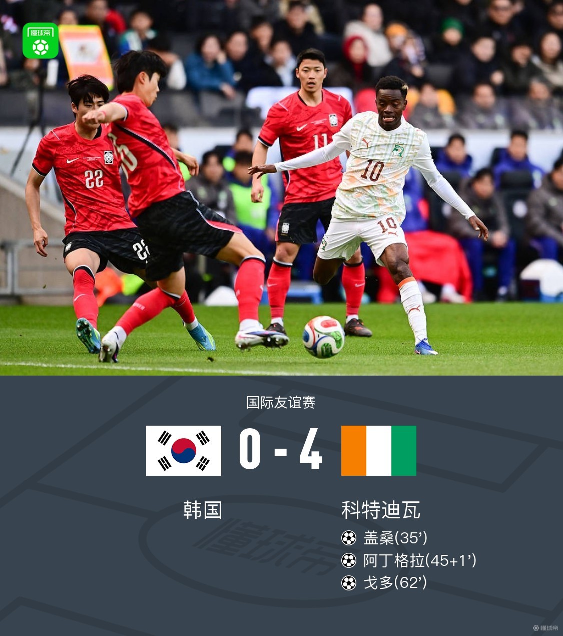 韩国0-4科特迪瓦，戈多传射、盖桑、阿丁格拉、辛戈破门