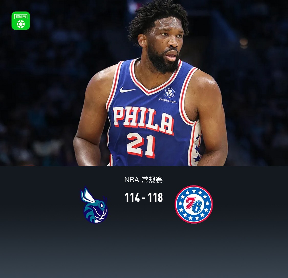 76人118-114逆转黄蜂，乔治26+13，恩比德29分，马克西26+7+8