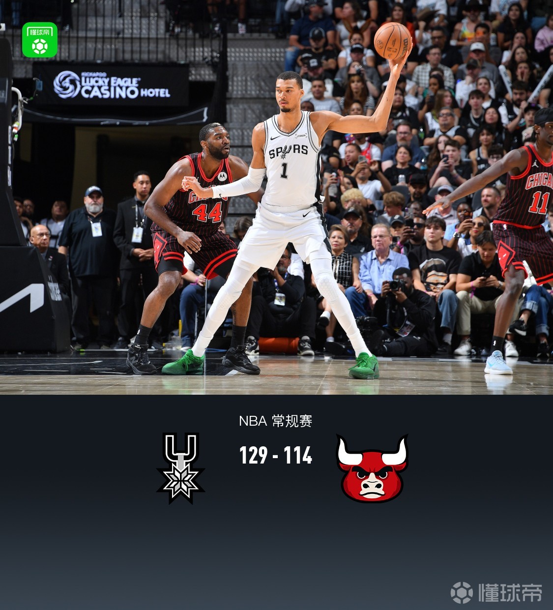 马刺129-114公牛豪取9连胜，文班亚马41+16，卡斯尔21+8+10