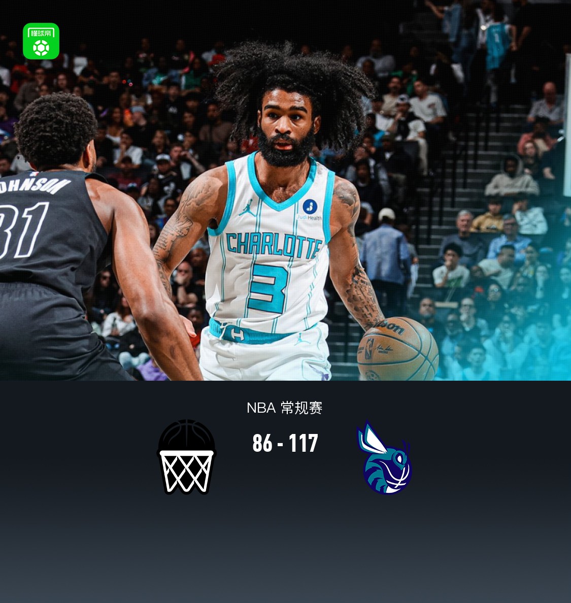 黄蜂117-86轻取篮网，米勒25分，三球14+7+9