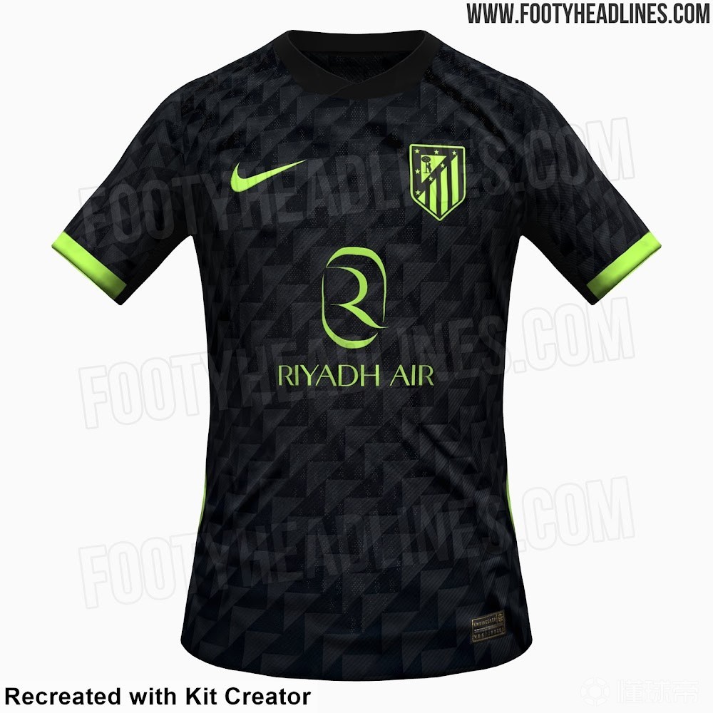 马竞下赛季客场球衣曝光：黑色搭配荧光绿，锯齿感暗纹设计