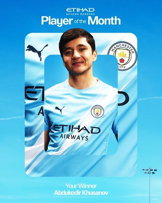 官方：乌兹别克斯坦后卫胡桑诺夫当选曼城3月最佳球员