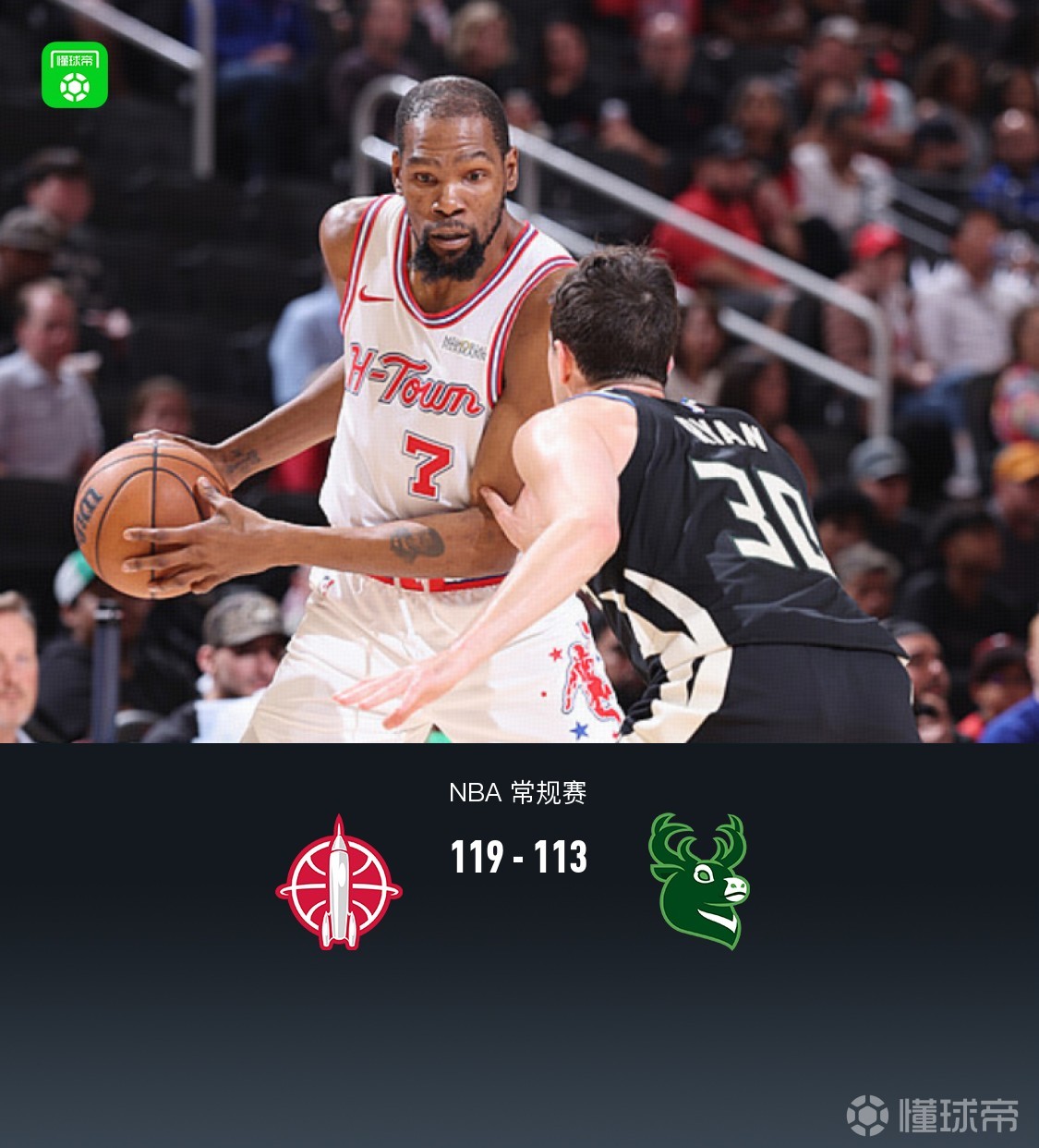 火箭119-113力克雄鹿，谢泼德9记三分，杜兰特18+9