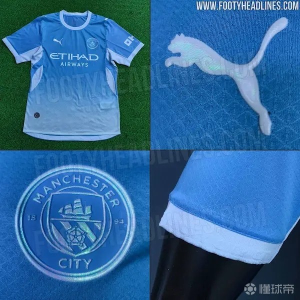 曼城下赛季主场球衣谍照更新：正面蓝白渐变，或采用镭射队徽