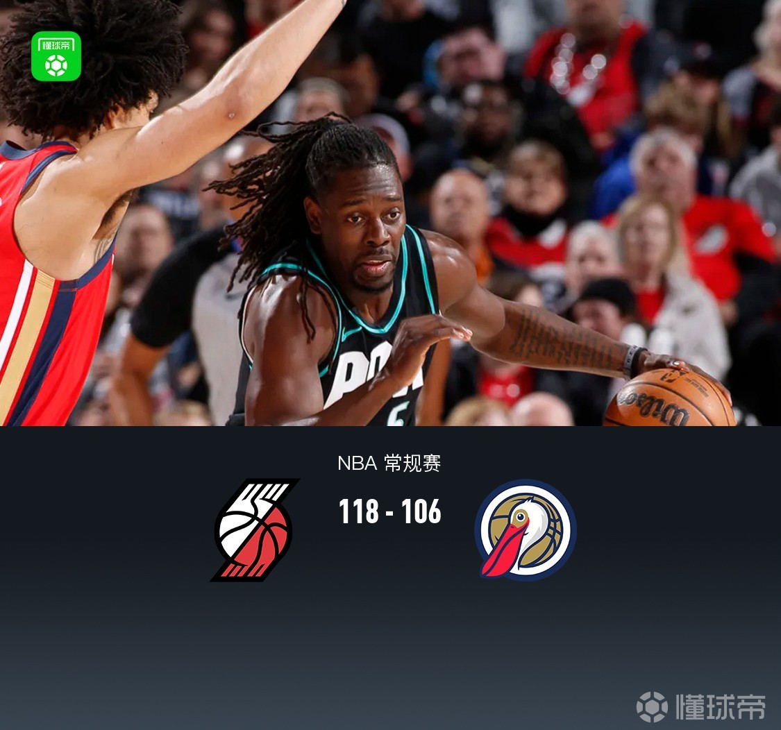 开拓者118-106逆转鹈鹕，阿夫迪亚26+8+7，霍勒迪27+9，锡安15分