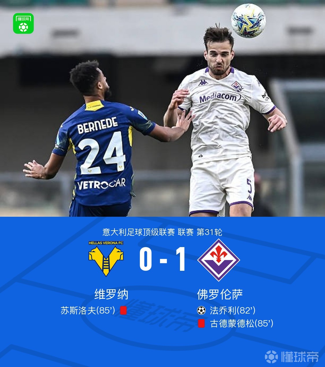 维罗纳0-1佛罗伦萨，法乔利制胜，苏斯洛夫、古德蒙德松染红