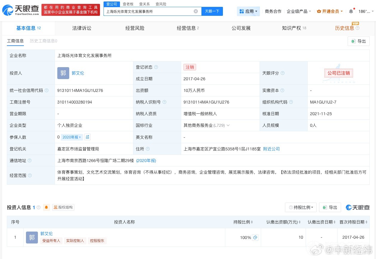 怎么回事？天眼查显示郭艾伦名下企业均已注销