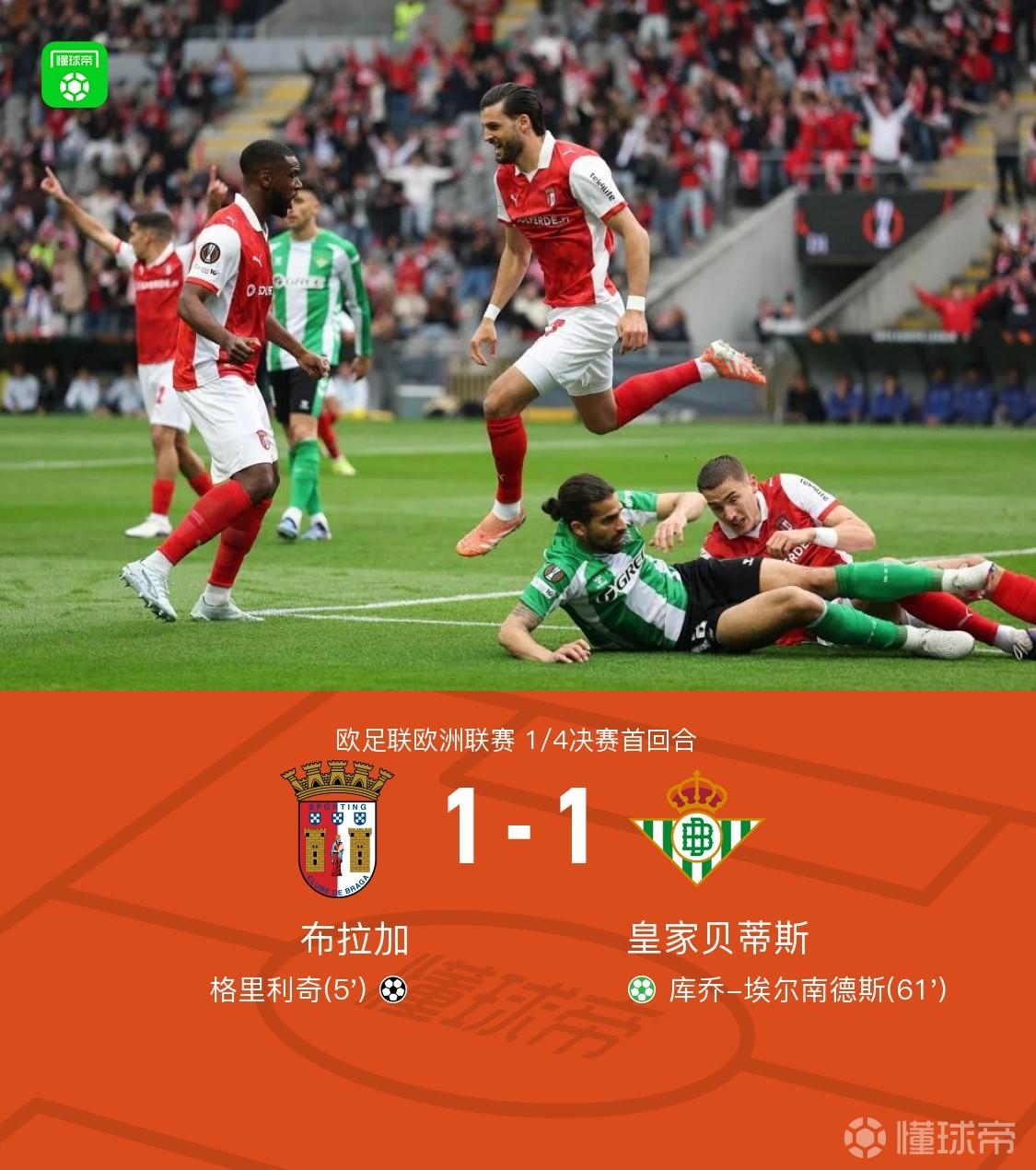 布拉加1-1贝蒂斯，格里利奇闪击，埃尔南德斯点射