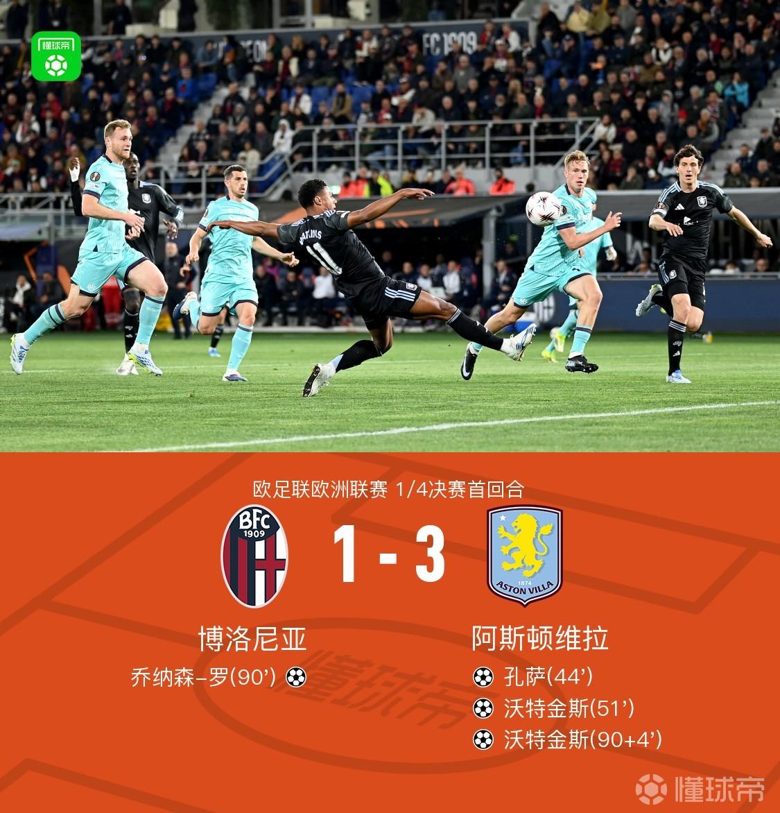 维拉3-1博洛尼亚，孔萨破僵，沃特金斯双响