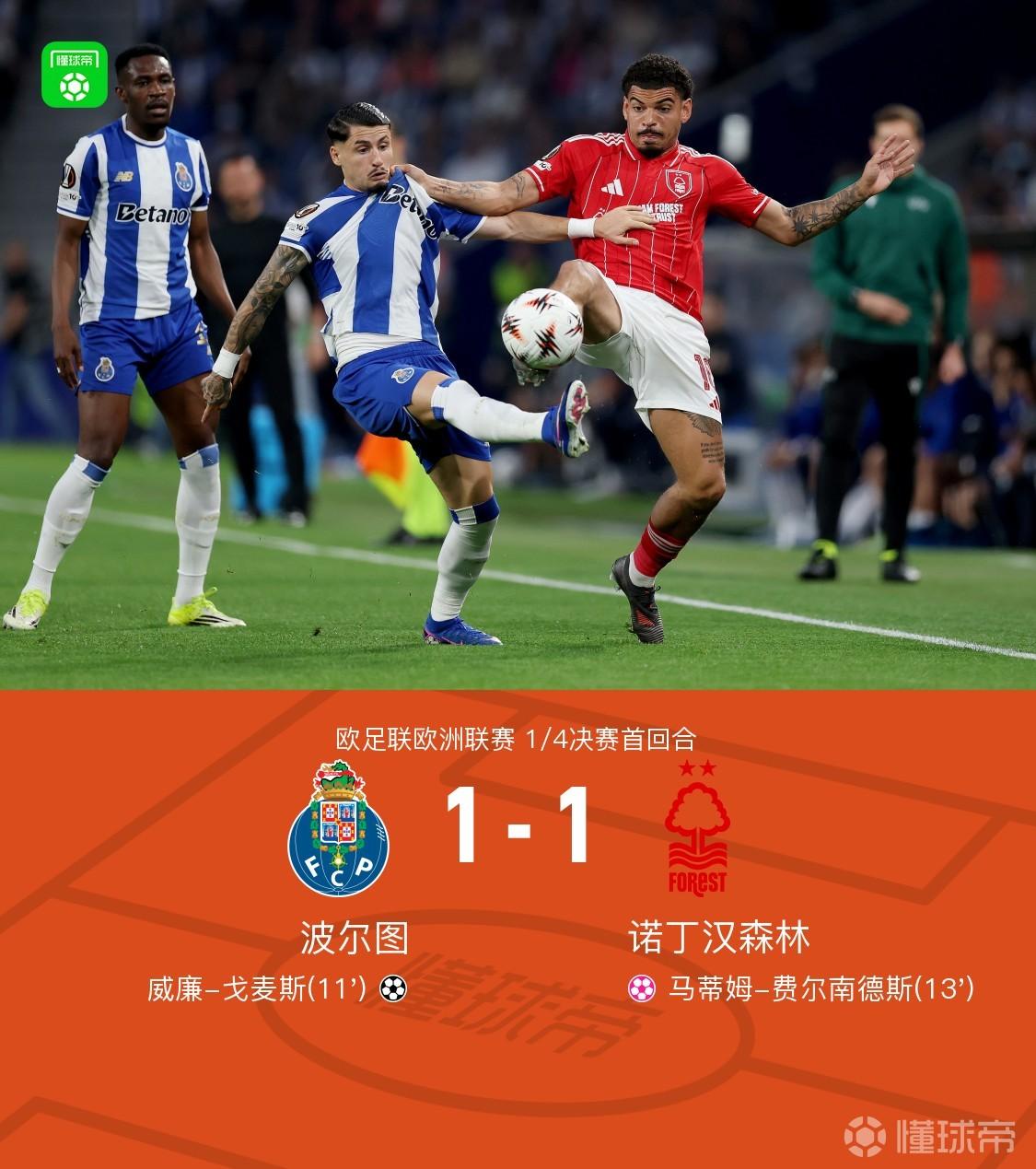 波尔图1-1诺丁汉森林，戈麦斯破僵，马蒂姆乌龙