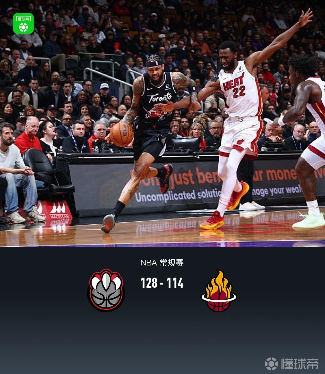 猛龙128-114力克热火，英格拉姆38+7+7，阿德巴约空砍24+11+8