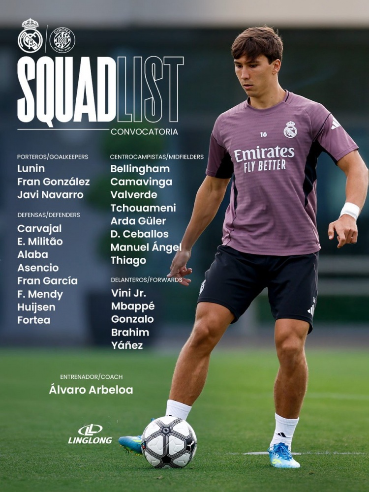 皇马对阵赫罗纳名单：阿诺德、卡雷拉斯、吕迪格缺席