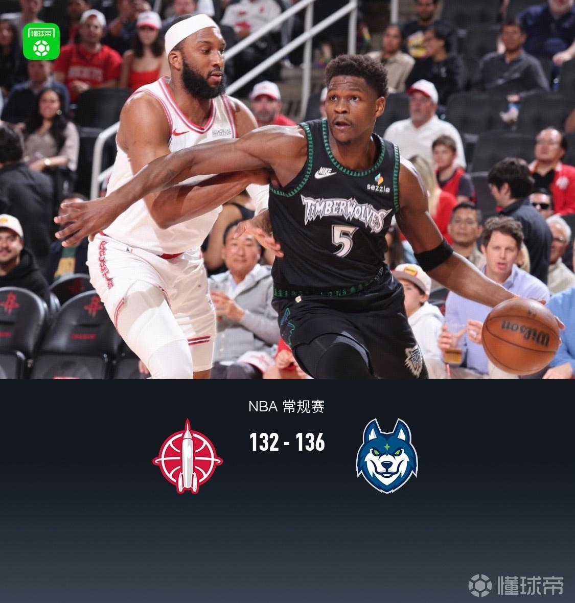 森林狼136-132险胜火箭，爱德华兹22分，杜兰特33+7+6，阿门空砍41分